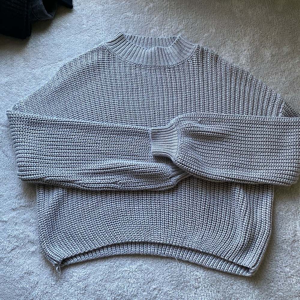 Grey Cropped Cowl Neck Sweater